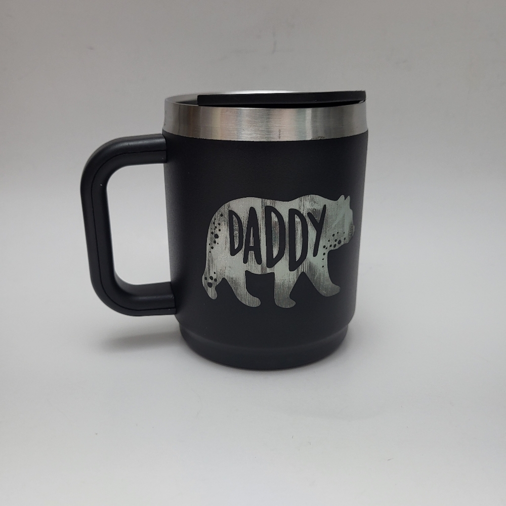 NWOT Manna Boulder Mug, Black, 14oz, Laser Engraved With A Bear And "Daddy"